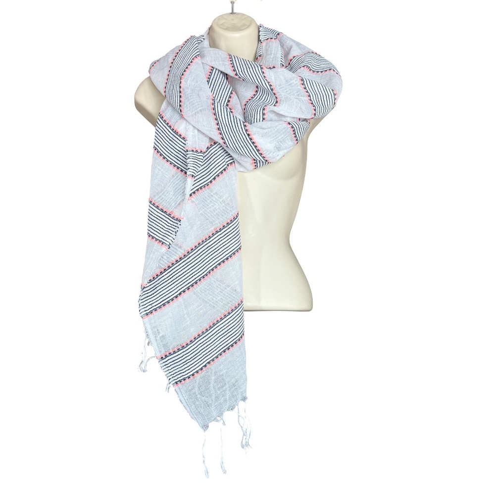 NWT J.Crew Factory Lightweight Gauze Striped Fringe Scarf White Red Black